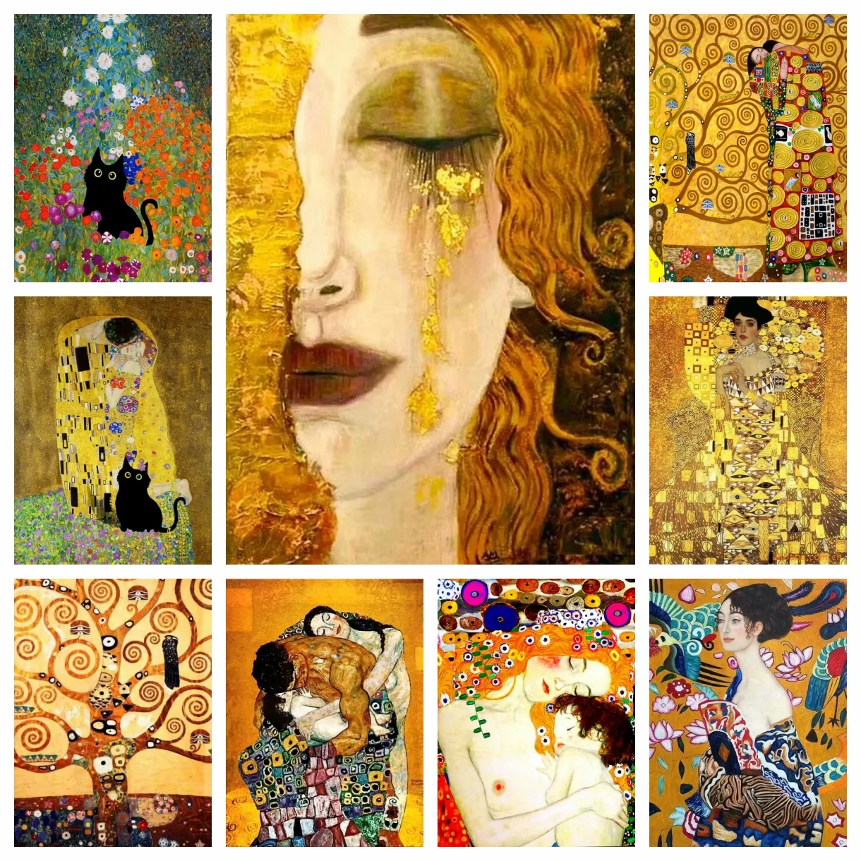 غوستاف كليمت القبلة والقطة السوداء فن الرسم الماسي ، شجرة الحياة ذاتية الصنع ، فسيفساء عبر الابره ، الحرف اليدوية ، هدية ديكور الغرفة ، 5D #1