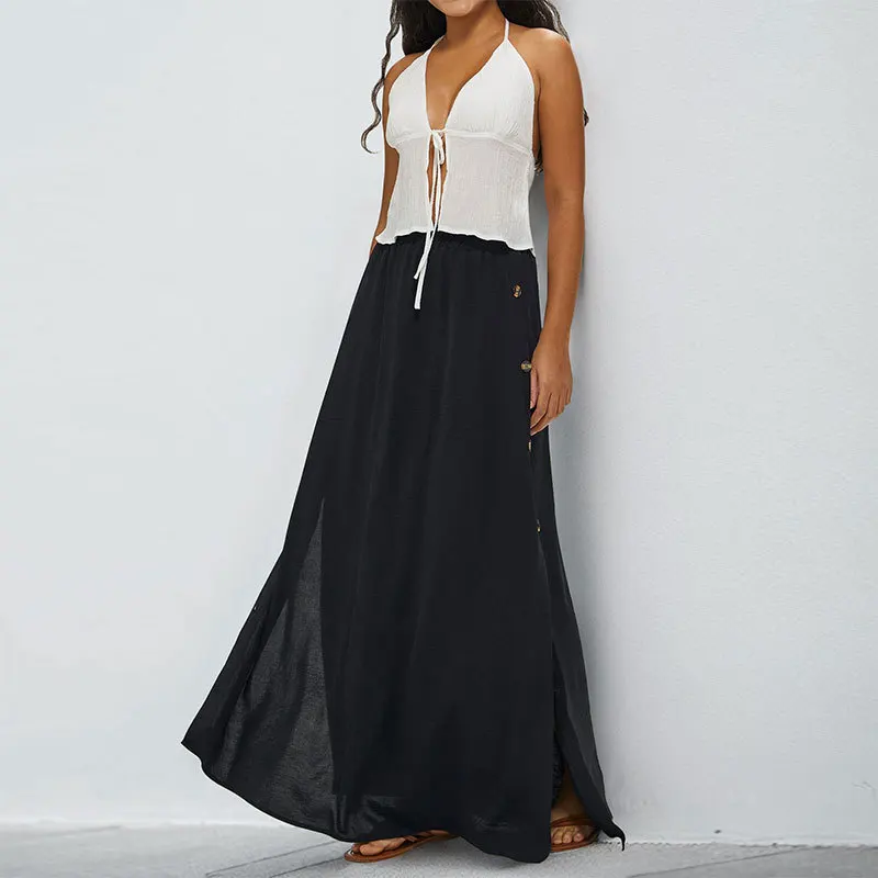 Skirts Women Long Skirt A Line Slim Beach Streetwear Y2k Solid Casual Loose Elegant Splice High Waist Button Pocket 2025 Summer