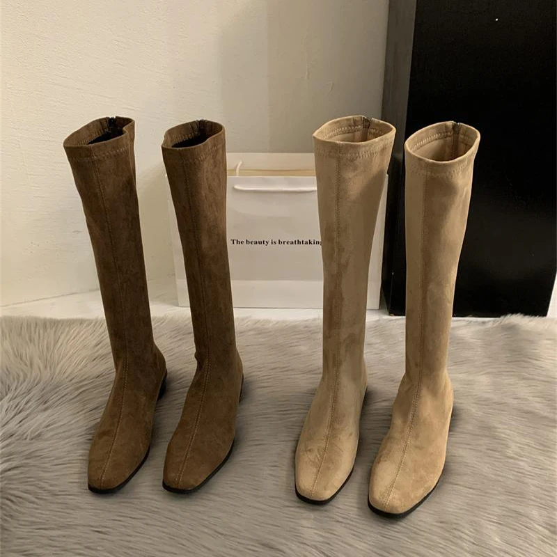 الشتاء خمر ضئيلة النساء حذاء برقبة للركبة مصمم كعب سميك أحذية الحديثة طويلة بوتاس الفقرة Mujer #3