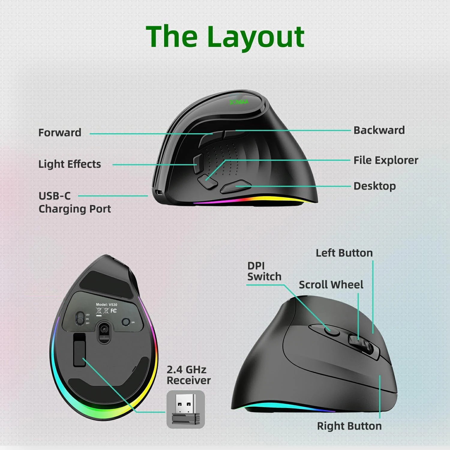 Bezprzewodowa pionowa ergonomiczna mysz Bluetooth 2,4 GHz z podwójnym trybem RGB i 5-przyciskami bocznymi do komputera przenośnego i laptopa