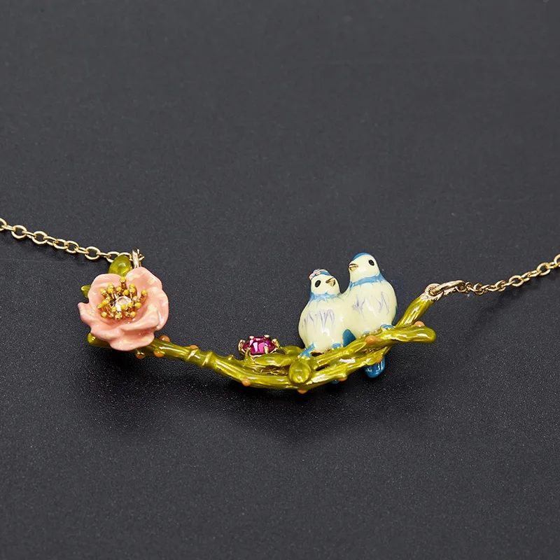 Fashion New Design Sense Camellia Enamel Glaze Blue Tit Two Birds Pink Flower Twig Love Pendant Collarbone Necklace for Women