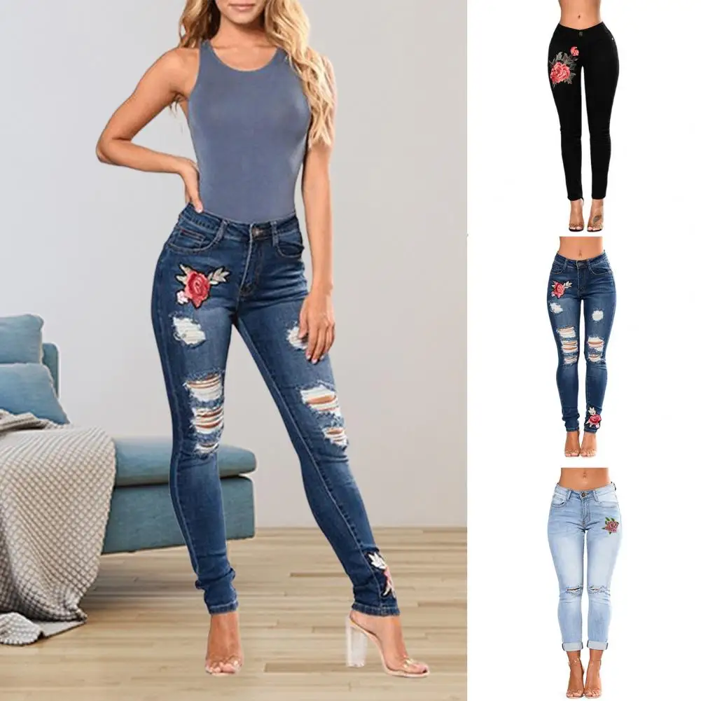 Women Ripped Hole Jeans Spring High Waist Stretch Skinny Butt Lifting Distressed Denim Female Pencil Pants Slim Trousers