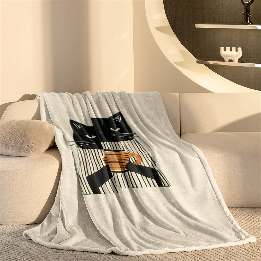 Cream Black Cat Coffee Flannel Fleece Throw Blanket for Couch Sofa Lightweight Cozy Plush Blanket for Travel Office Nap