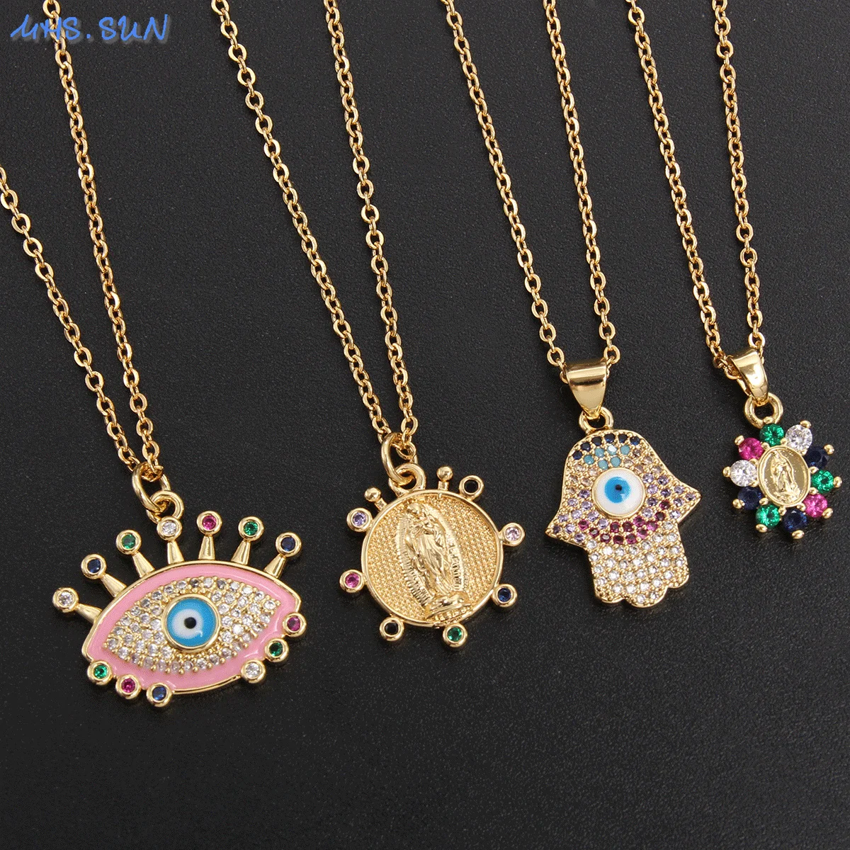 MHS.SUN Gold Plated Zircon Fatima Hand Evil Eye/The Virgin Mary Pendant Necklaces Woman Religion Amulet Clavicle Jewelry Gift