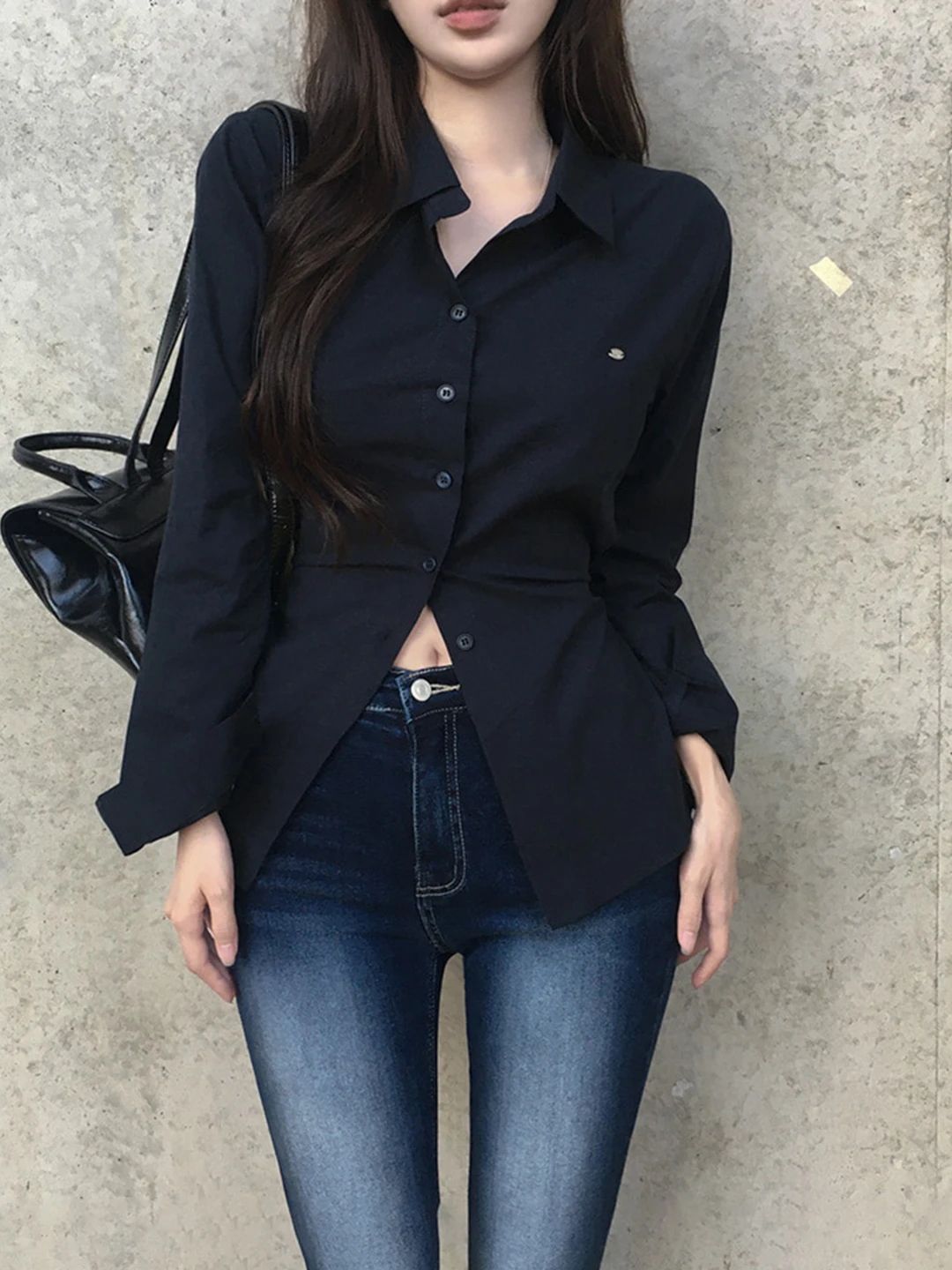 

Slim Fit Long Sve Cotton irt Women's Single Button Pure Cotton Waist Cinching Slimming Korean Sle Special irt
