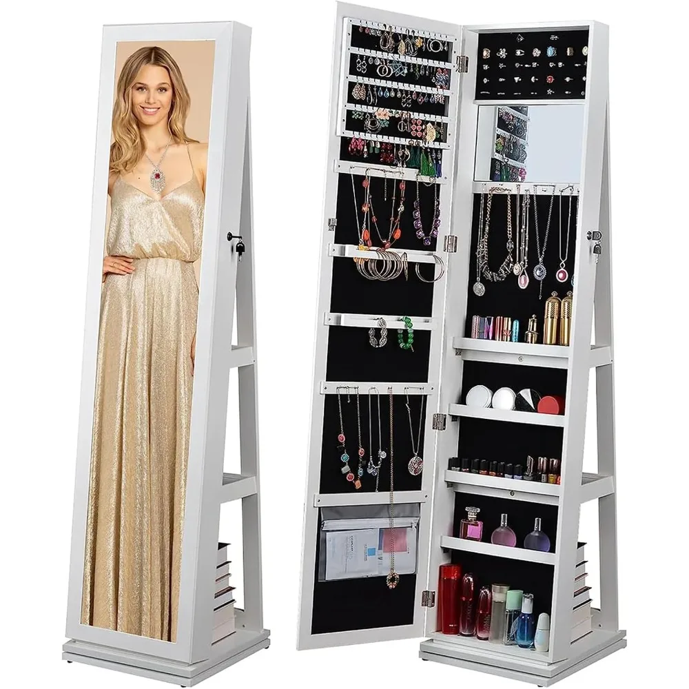 

Jewelry Armoire 65" H,Full Length Mirror 360° Swivel, Storage Shelves, Lockable Standing Jewelry Cabinet Organizer with Large