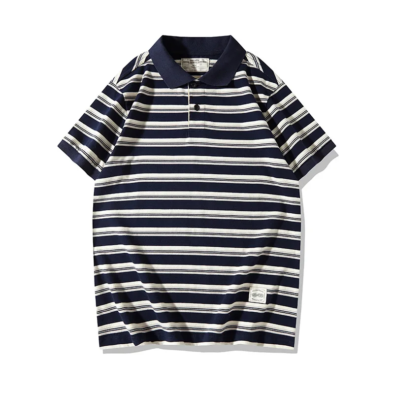 

Summer Men's Thick Striped Short Sleeved Tennis Shirt 245g Heavyweight Lapel Tee Outdoor Trekking Hiking Ball Game Camping Sport