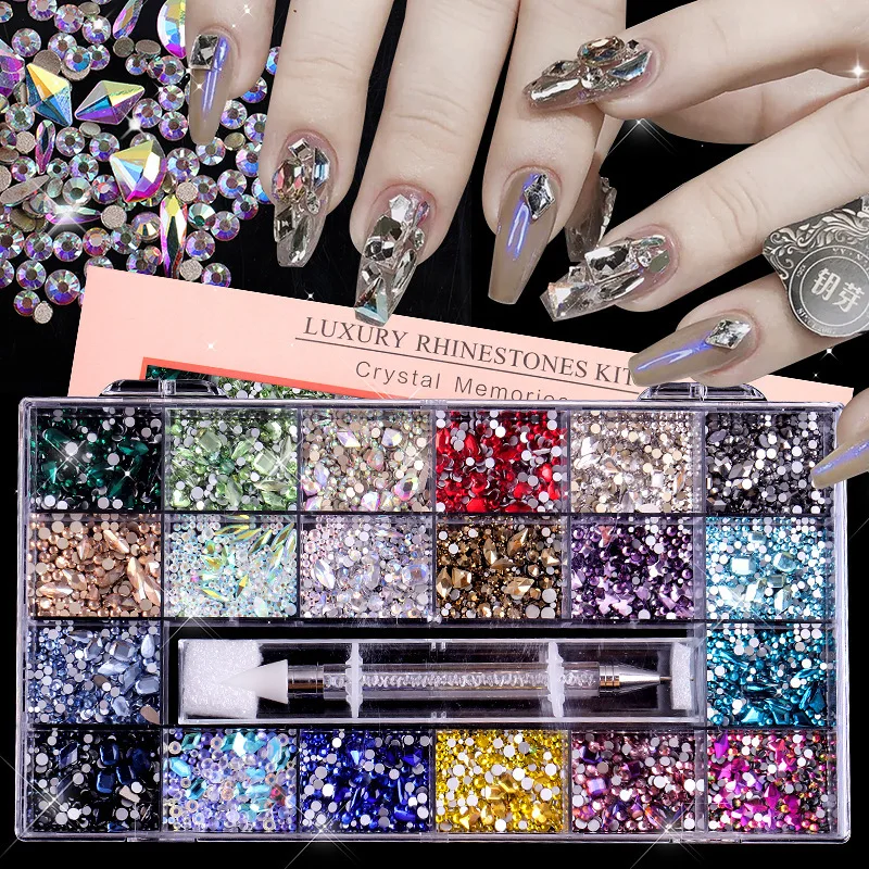 

21 Grid Nails Rhinestones with Point Drill Pen AB Glass Crystal Diamond Nail Diamond Jewelry Glass Nail Crystals Bling Box SN50