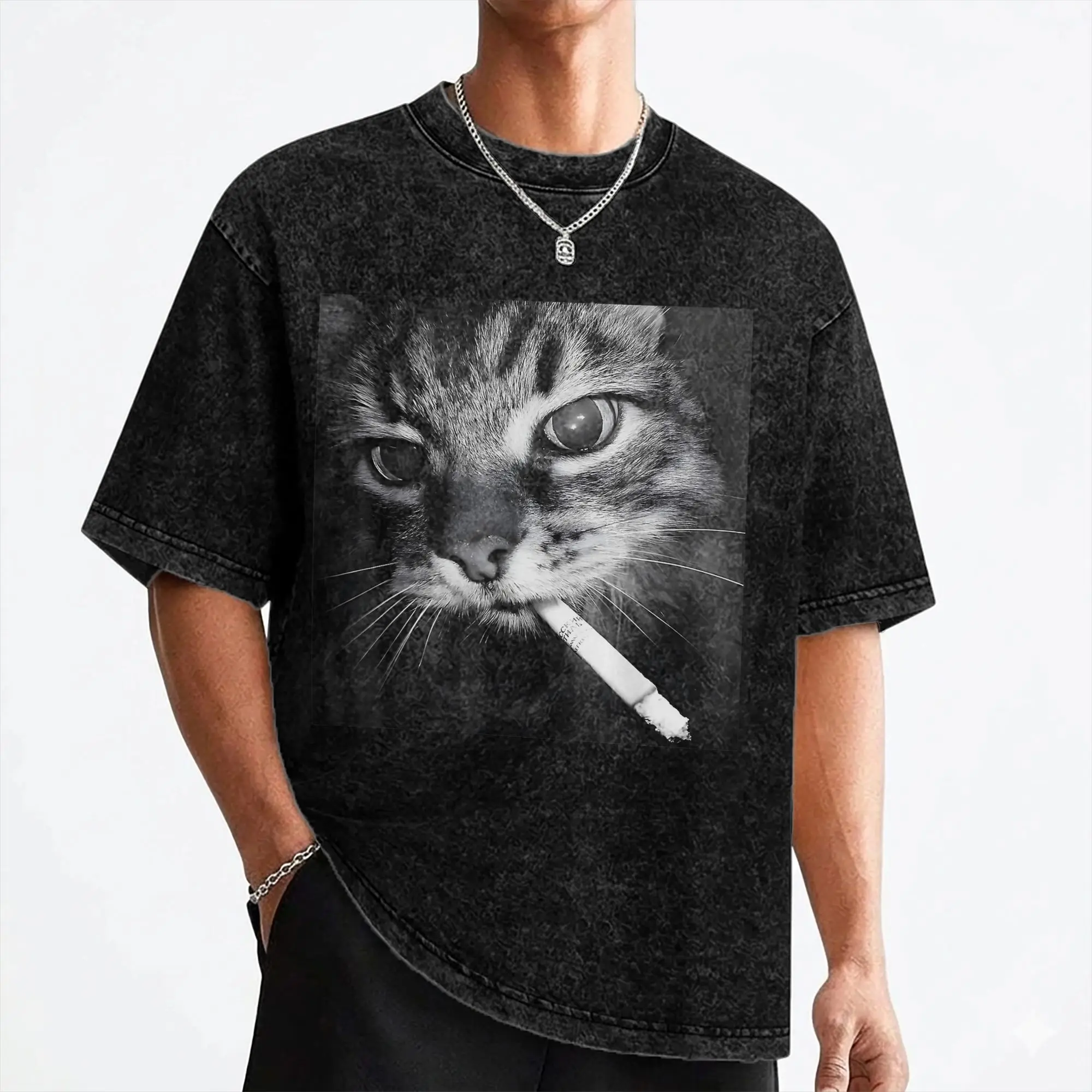 Cat Smoking Meme Kitty T Shirt Washed 100% Cotton Oversize T-Shirt  Cool Men Women Streetwear Graphic Printed Tees