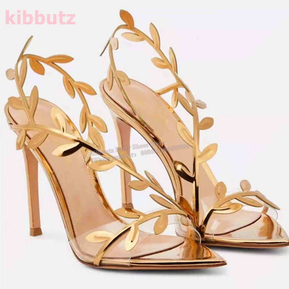 Gold Leaf Embellished Sandals Thin High Heel Pointed Toe Patent Leather Solid Color Slip-On Fashion Elegant Sexy Party Dress New