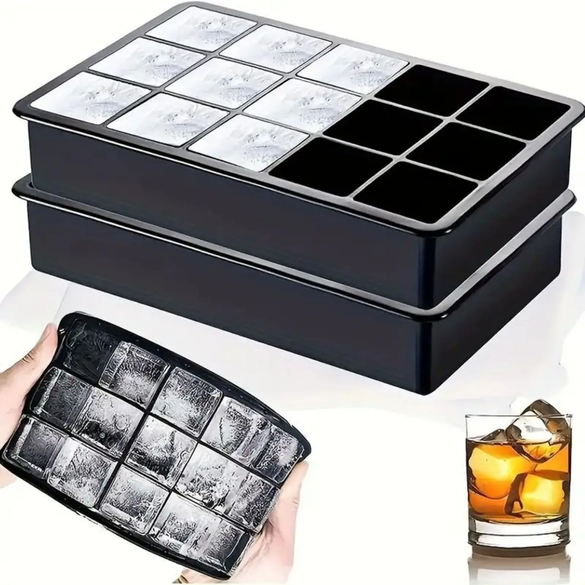 Ice cube tray with lid, 15 ice cubes per plate for easy release, BPA free reusable, can be used for whiskey, chocolate, juice