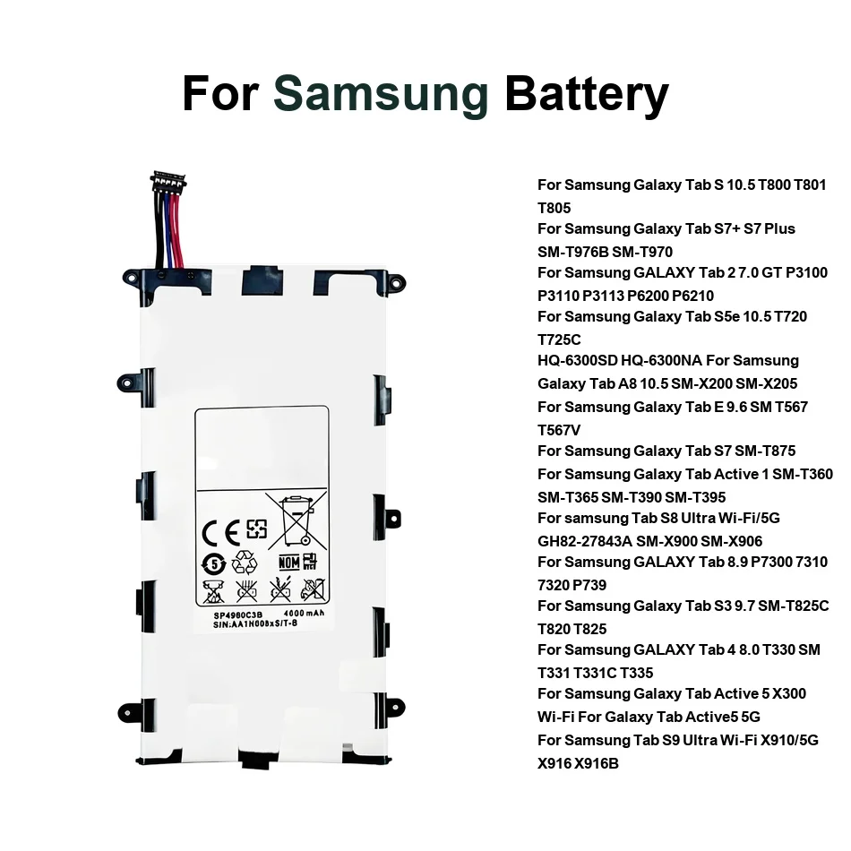 

Аккумулятор для Samsung Galaxy Tab A8 Active 5e S3 S5e S7 S8 S9 1 2 4 5 7.0 8.0 8.9 9.6 9.7 11 12.4 7310 10.5 5G Ultra Plus