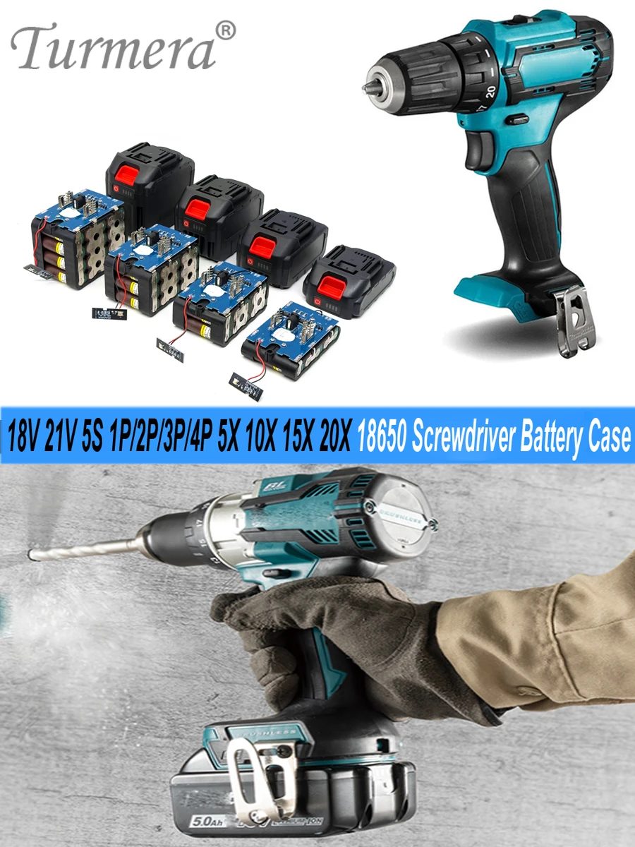 Turmera 18v 21v schrauben dreher batterie gehäuse 5x 10x 15x 20x 18650 halter 5s 50a max.100a bms schweiß nickel zum ersetzen der elektrischen bohrmaschine – Detail 2