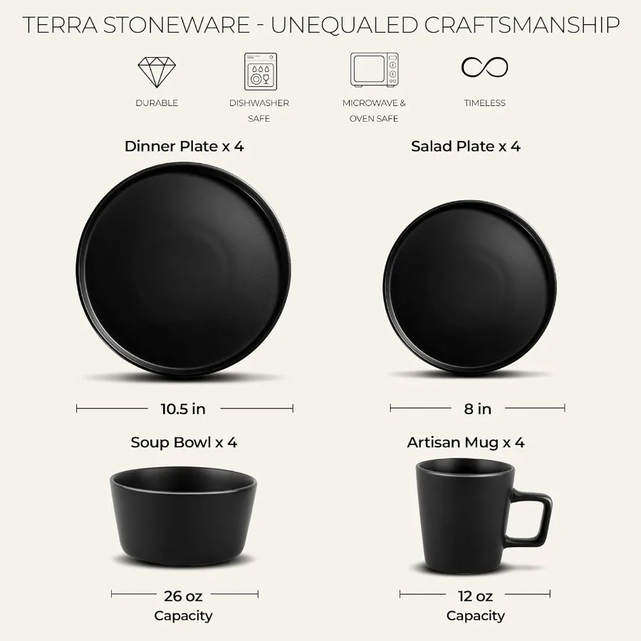 Conjuntos de pratos e tigelas Terra, 16 peças, moderno, conjunto de prato de grés para 4 chips e resistente a arranhões, conjunto de louça de cerâmica, micro-ondas