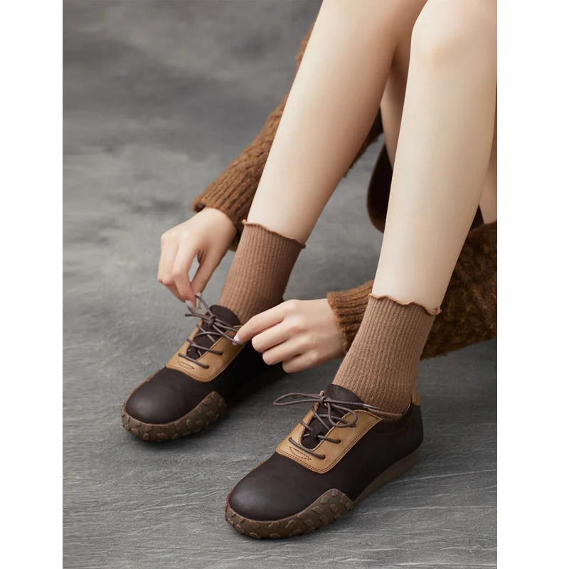 

Casual Leather Shoes Women Flats Genuine Leather Shoes for Women Handmade Leather Flats Ladies 2023 Coffee Lace Up
