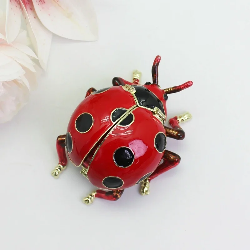 SHINNYGIFTS Ladybug Trinket Box Hinged Enameled Animal Jewelry Box Hand Painted Collectible Metal Craft for Home Decor