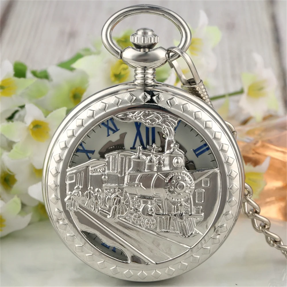 

Vintage Hollow Steam Train Mechanical Hand Winding Pocket Watch with Blue Roman Numerals Dial Antique Fashion Pendant Clock Gift