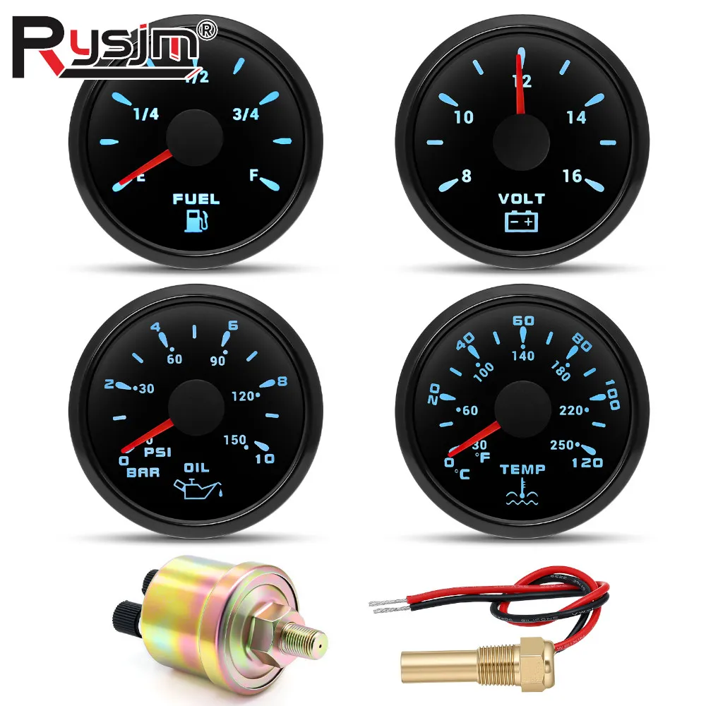 Universal 4 Gauge Set 52mm Water Temp Oil Pressure Fuel Level Meter Voltmeter with 7 Colors Backlight + Press Temp Sensor 12/24V