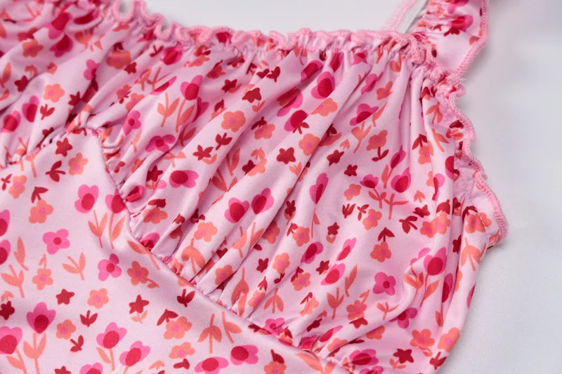 فستان بوهو ميدي منقوش عليه زهور مع أشرطة سباغيتي بخصر عالٍ فستان صيفي وردي مثير فستان نسائي مطبوع عصري