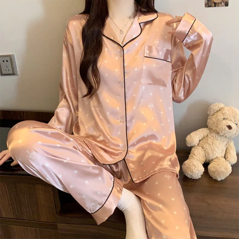 

Korean-Style Sweet Ins Fashion Light Luxury Ice Silk Pajamas for Women, Thin Long-Sleeve and Long-Pants Set for Spring and Autum