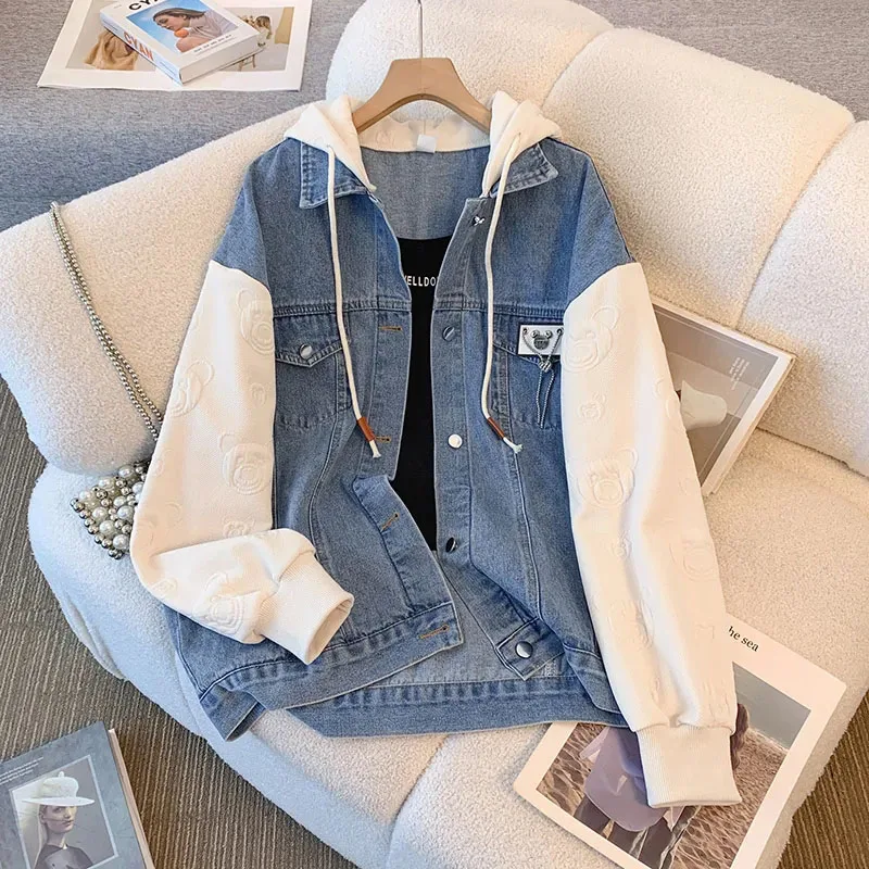 New Women Fake Two Hooded Denim Coats Spring Autumn Casual Baseball Clothes Fashion Female Students Loose Motorcycle Jacket Tide