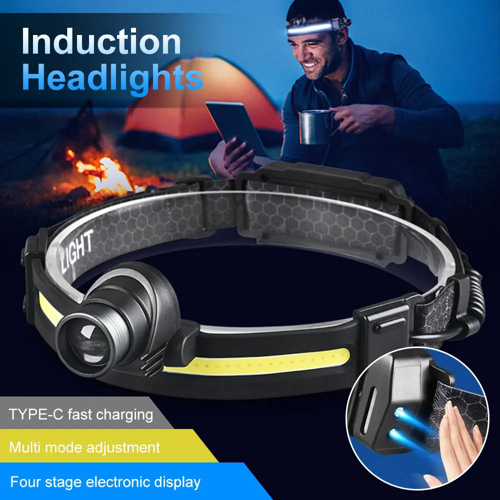 LED Headlamp Sensor Headlight With Built-in Battery Head Flashlight USB Rechargeable Work Light Head Lamp Super Bright Torch