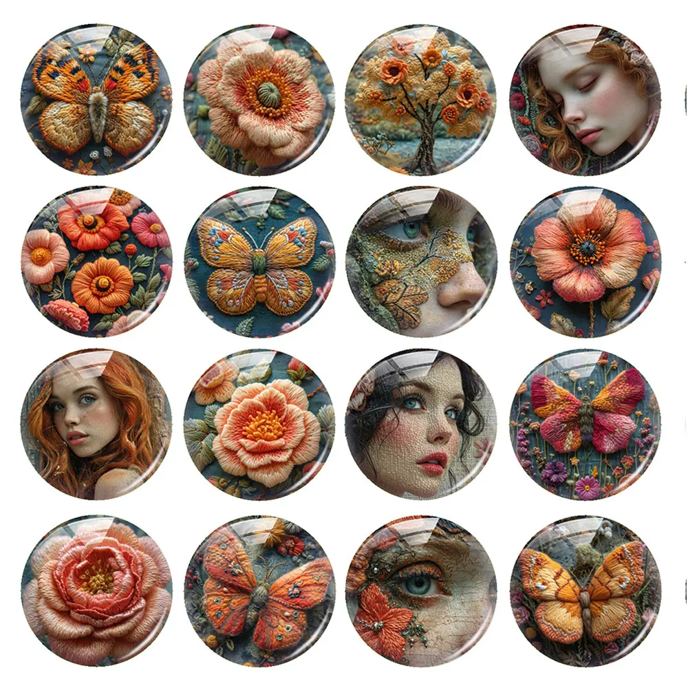 Random Mixed Round/Oval/Square Flower Plants Girl Butterflies Photo Glass Cabochon Flatback Demo Cameo For Diy Jewelry Making