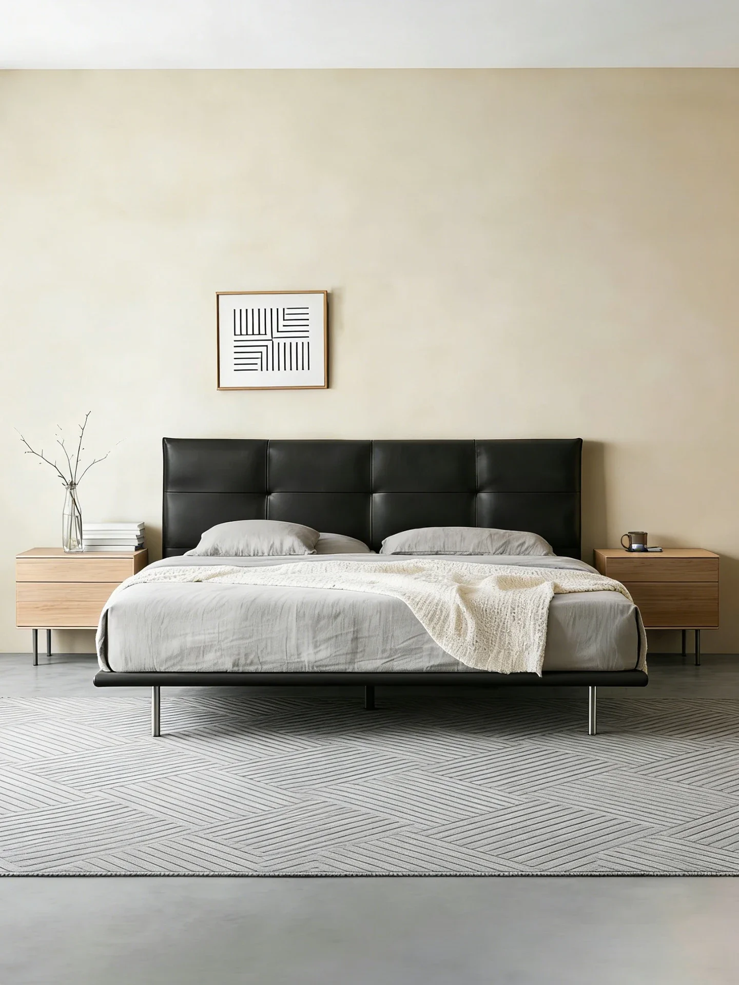 Bed light luxury leather modern simple black master bedroom suspended Nordic solid wood double bed