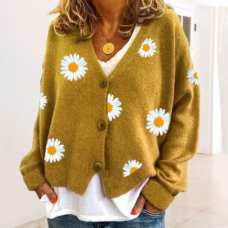 Women's Sweater Cardigan 2023 Autumn/Winter New Daisy-Embroidered Single-Breasted Knit Cardigan Coat