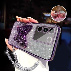 3D Butterfly Phone Holder Crystal Bracelet Glitter Plating Case for Samsung Galaxy A51 A71 A11 A21S A31 A20 A30 A50 A70 4G Cover