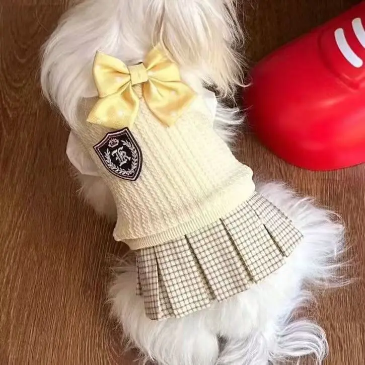 Autumn and Winter College Dress, Pet Sweater Pet Plaid Dress Cat Small Dog Clothes Cute Bow Tie Dog Clothes for Small Dogs