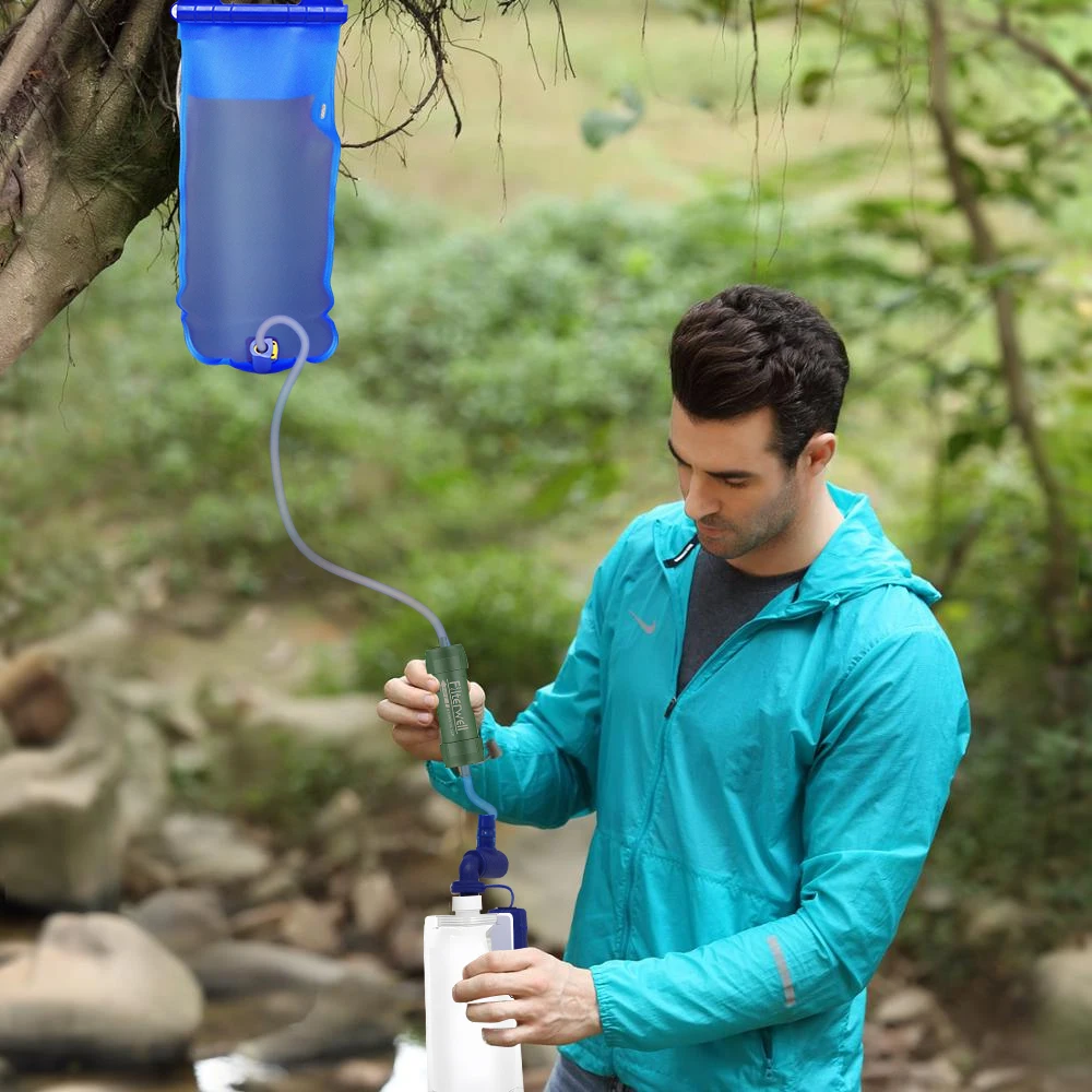 Outdoor Survival Water Filter Straw with Gravity Water Bag Portable Water Purifier Water Filtration System Emergency Accessories