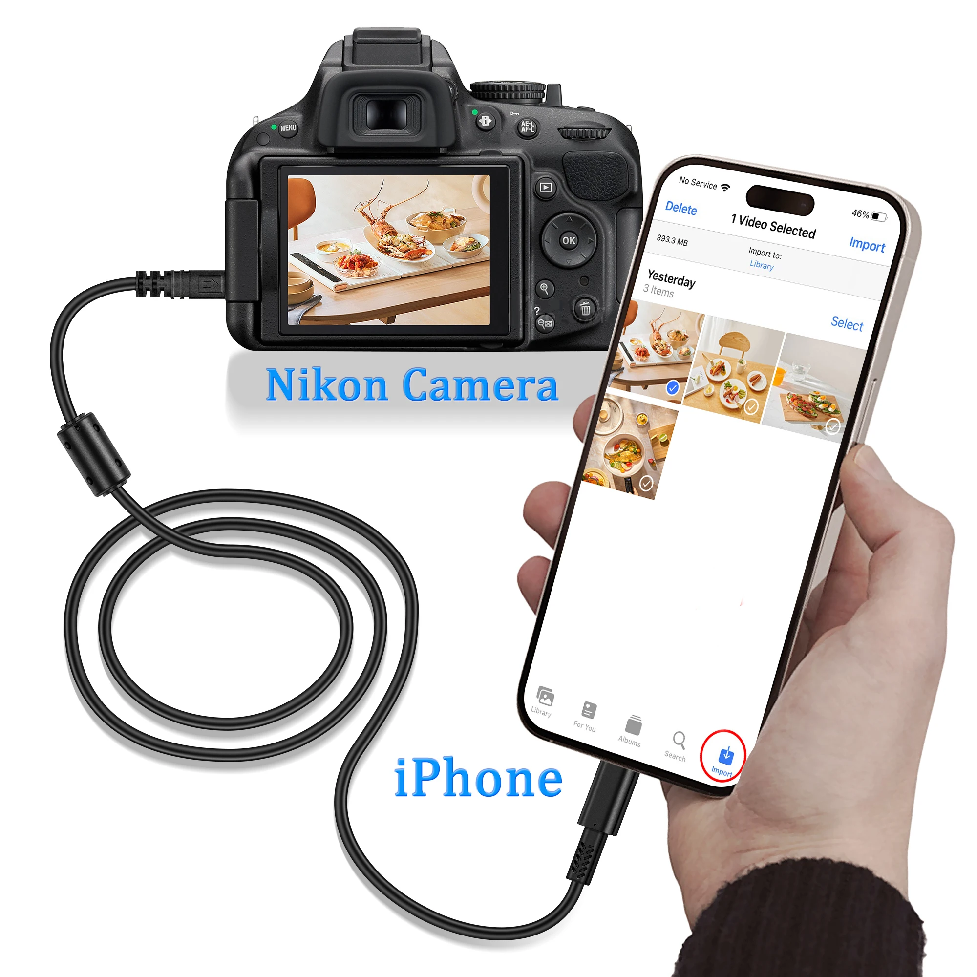 Nikon Camera to iphone OTG cable to download photos from Nikon camera to phone for iphone 14,13,12,11,8,7,6,XS,ipad Pro