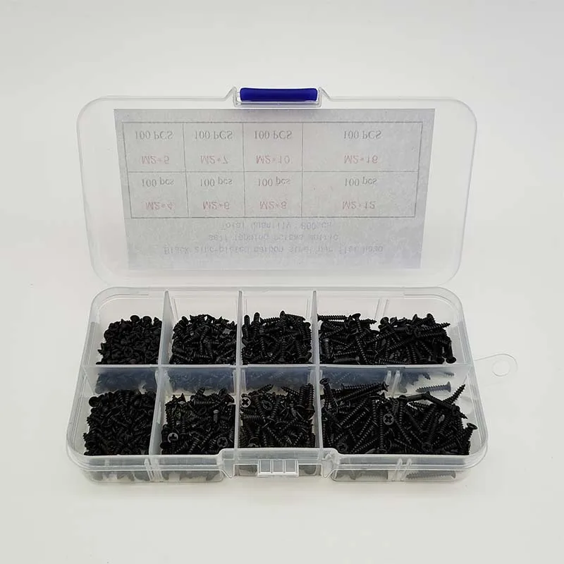 Kit assortimento di viti autofilettanti Phillips nere M2 da 800 pezzi, viti di bloccaggio e viti per legno