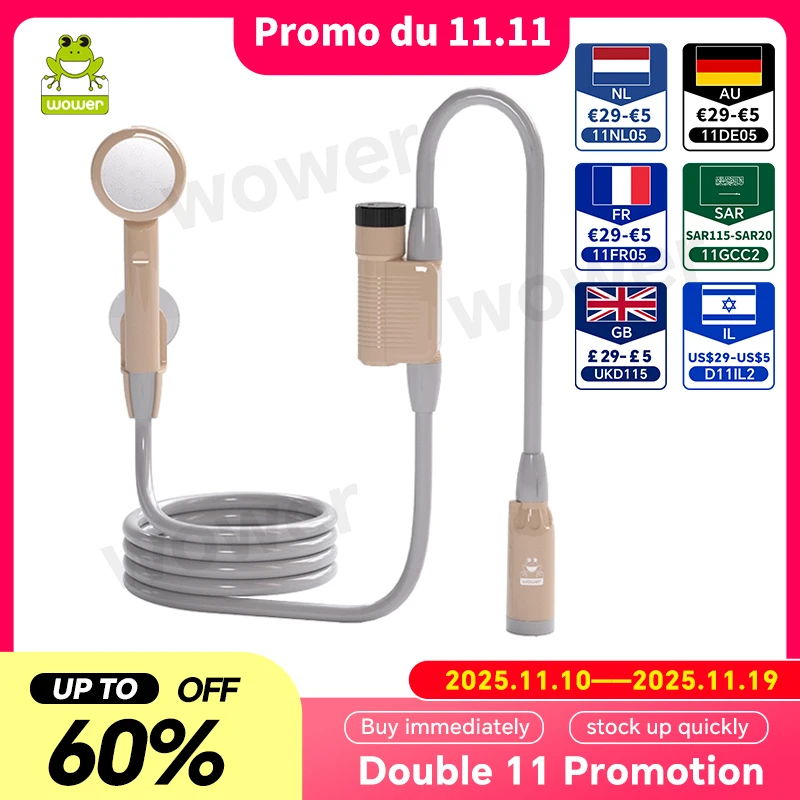 

Портативный душ WOWER, 2200 мАч, IPX8, водонепроницаемый электрический душ со шлангом 2 м, перезаряжаемый портативный душ для кемпинга, путешествий