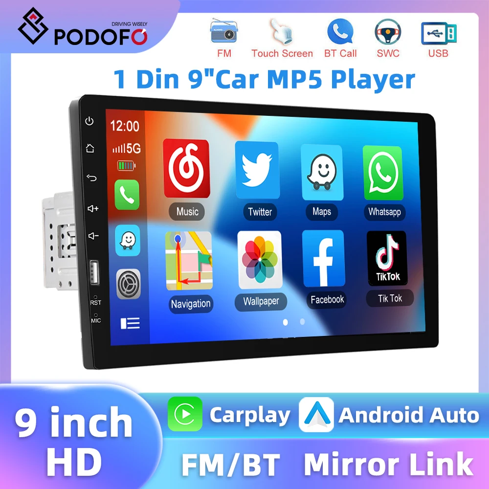 Podofo 1 Din Car Stereo 9'' MP5 Player Bluetooth FM AM Radio Carplay Android Auto Multimedia Player D-Play Mirror Link Car Audio