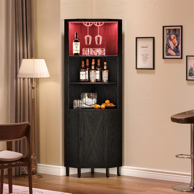 Corner Bar Cabinet with LED Lights & Glass Holder, 5 Tier Corner Shelf with Storage, Wine Rack Cabinet Display Shelves