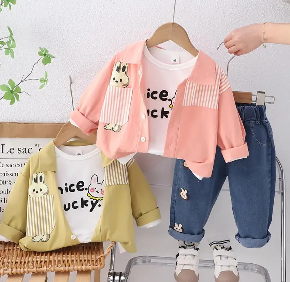 Ensemble de Vêtements de Styliste pour Bébé Fille, Tenue de Style Coréen, Dessin Animé, Poche Lapin, Chemises Décontractées, Économie, Jeans, Survêtements pour Enfants, 3 Pièces