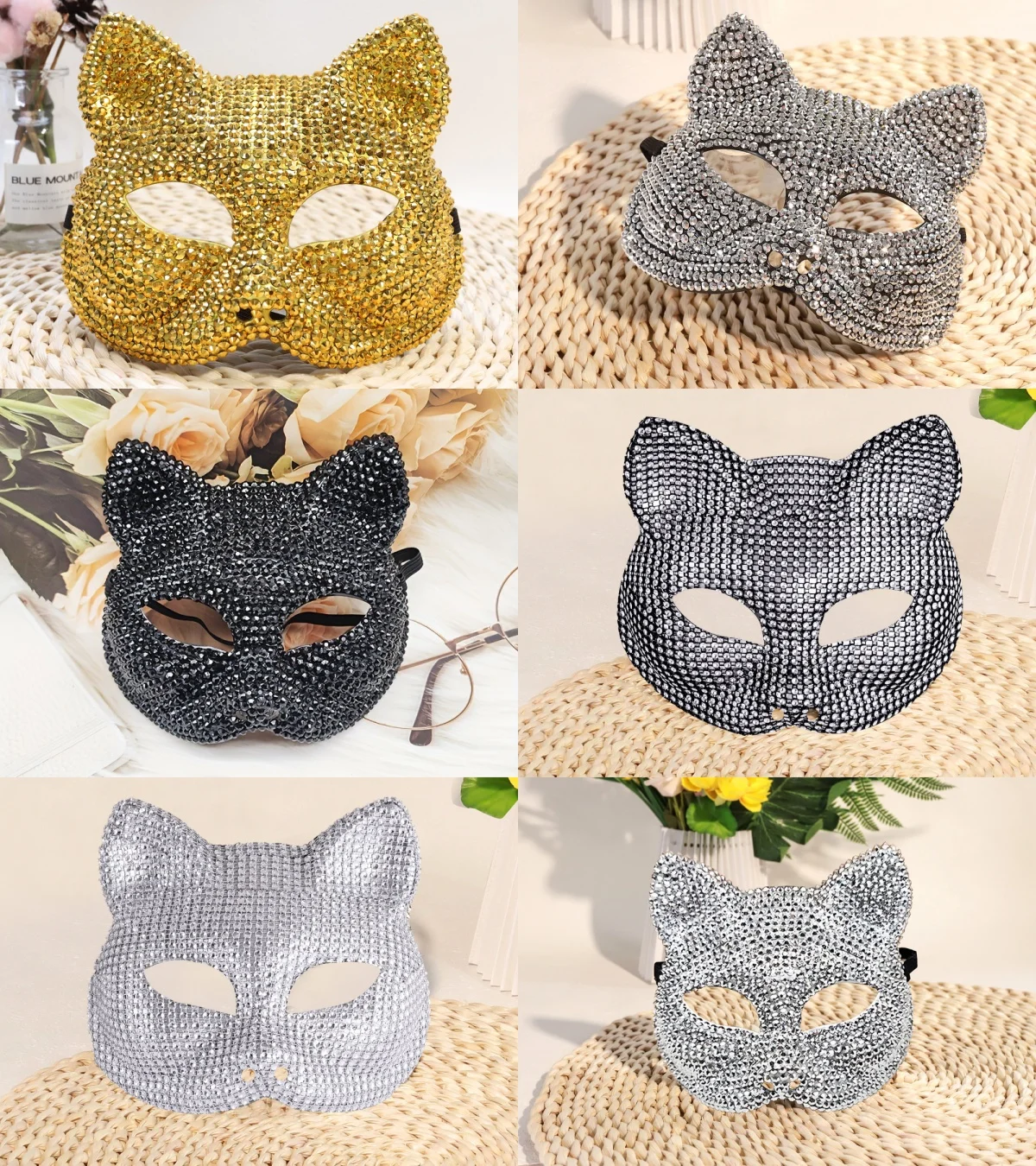 

Rhinestone Cat Mask Sparkle Masquerade Masks for Women Mens Carnaval Party Cosplay Costume Ball Party Festival Rave Accessories