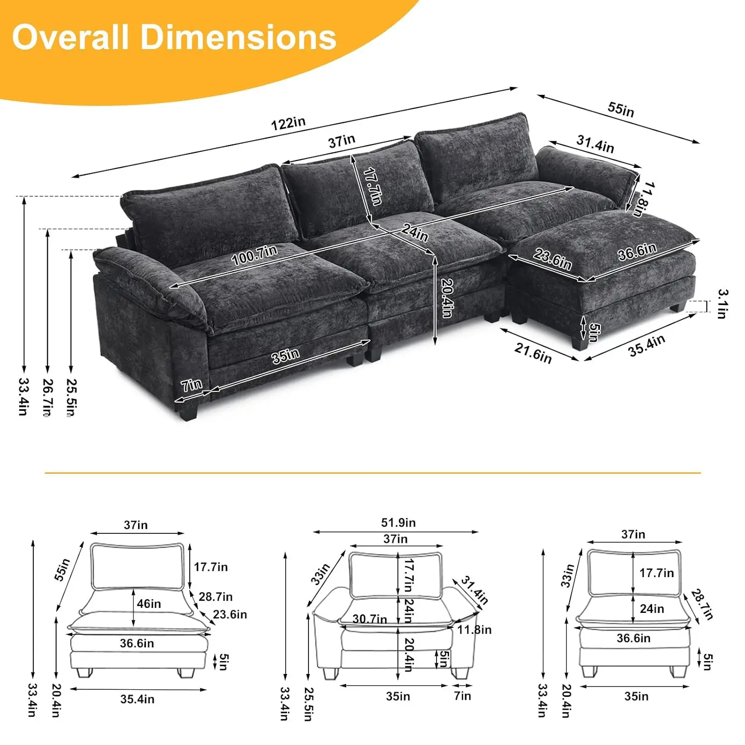 Modular Deep Seat Sectional Sofa With Ottoman, Chenille Sleeper Couch For Living Room & Office, 3-Seat Black, Customized