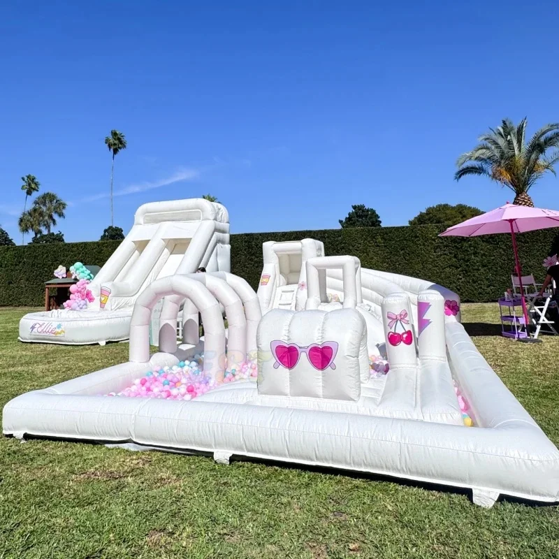 New White Eco-Friendly PVC Inflatable Splash Pad Playground Obstacle Course Bounce House with Slide Soft Play Area for Kids