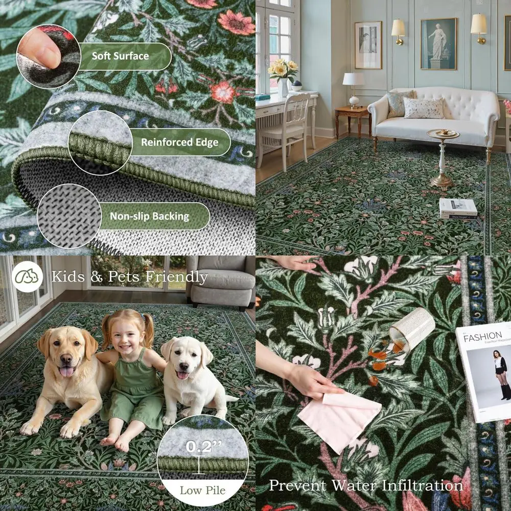 

Ковры для столовой или под стол, моющиеся ковры Orest Loral 6x9, зеленый восточный ковер для гостиной, с низким ворсом, нескользящий