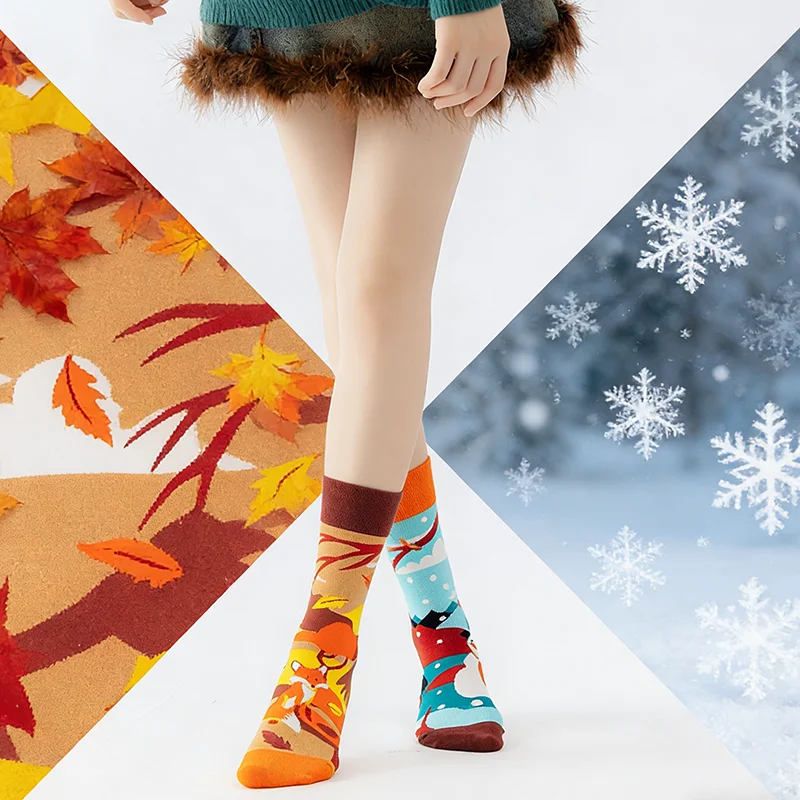 زوج واحد من الجوارب النسائية Fox & Snowman غير المتكافئة - جوارب الخريف الثعلب والشتاء على شكل رجل ثلج متباينة لمنتصف الساق
