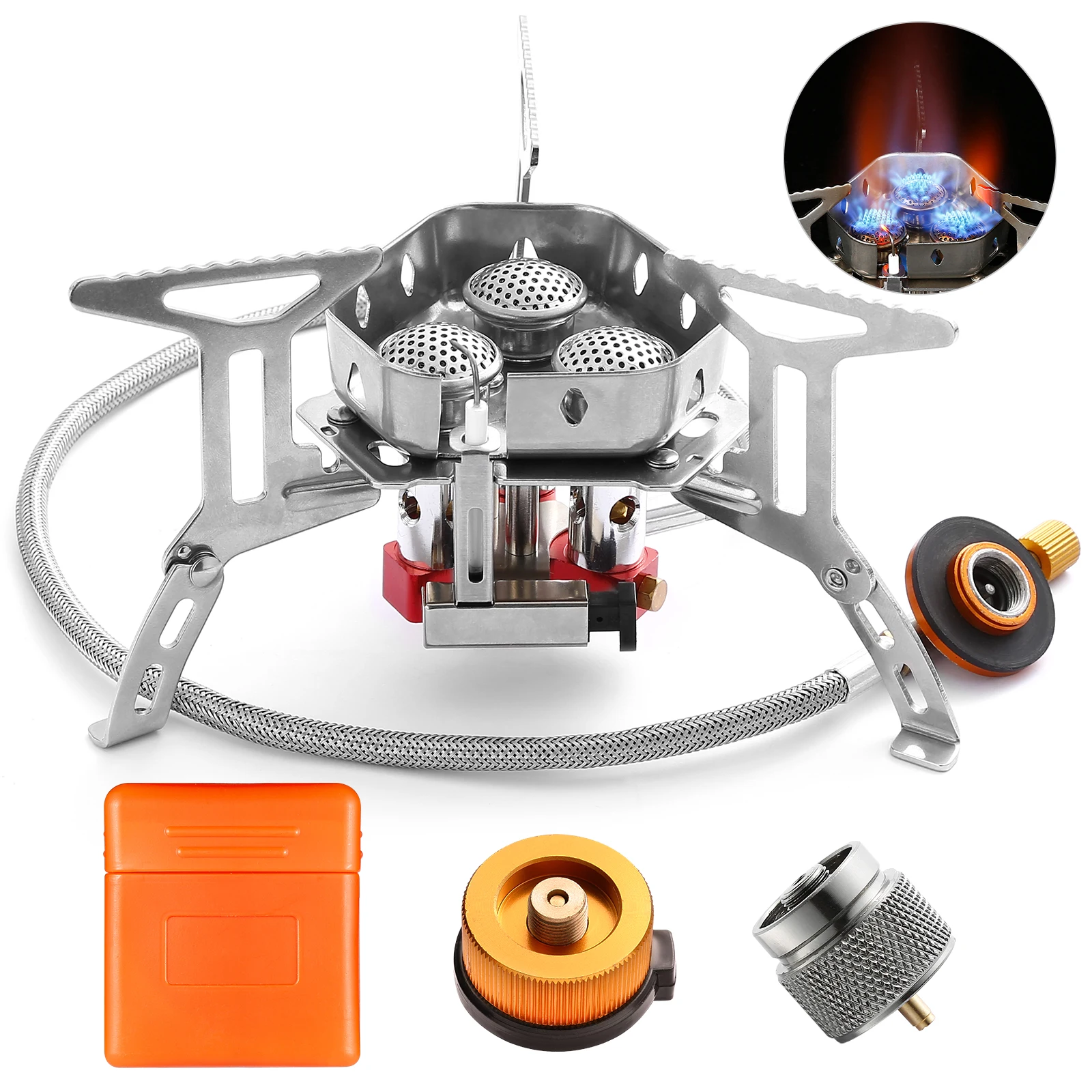 Camping Stove Propane Gas Stove 3 Burners Windproof Cookware Foldable Split Burner with Canister Adapter Picnic Cooking Stove