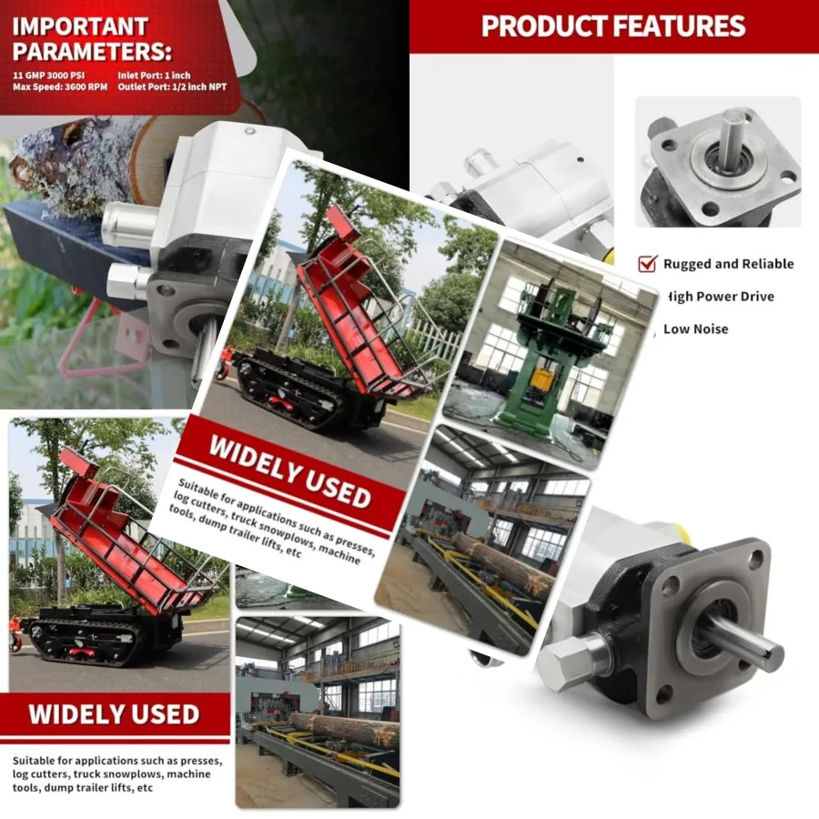 

Hydraulic log splitter pump for wood splitting applications aluminum construction silver color 11GPM flow rate and 3000PSI pres