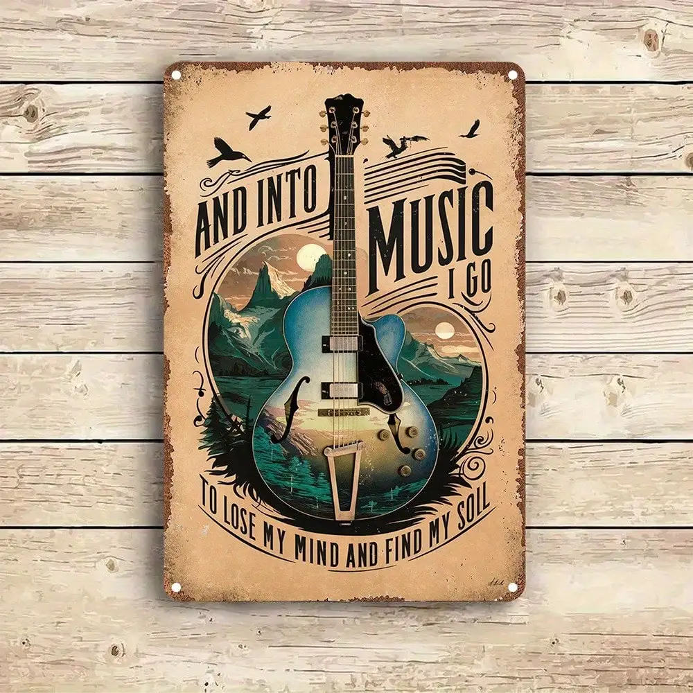 

Винтажная табличка с надписью "And Into Music I Go" и изображением гитары, декор для стен спальни или гаража.