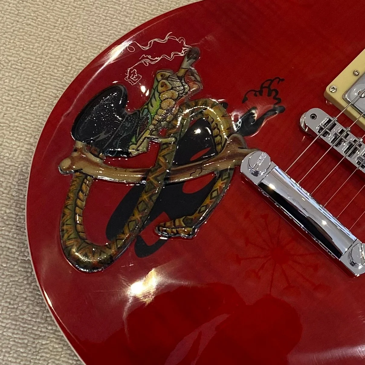 Handmade Red Angled Design Electric Guitar with Snake Print Panel Fixed Bridge 6 Strings Suitable for Beginners and Professionals