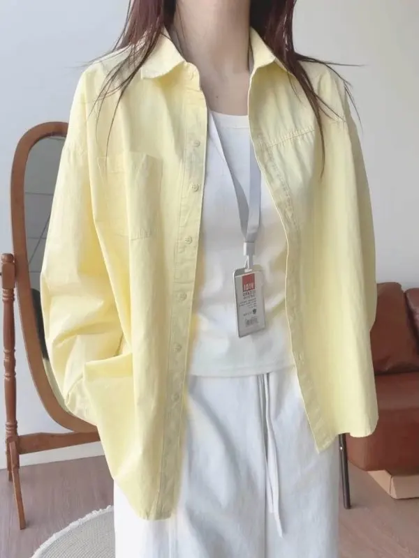 

Spring 2026 Early Dopamine Yellow Long Sleeve Shirt Women's Loose Outerwear Sunscreen Coat Commute Style Korean Version
