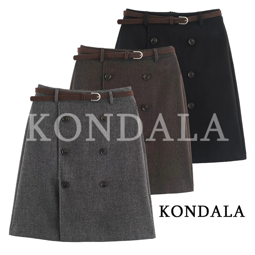 KONDALA Women Fall Elegant Belt Skirt Vintage Commute Double Breasted Half Skirt 2026 Autumn Winter Trendy Soft Tweed Lady Skirt