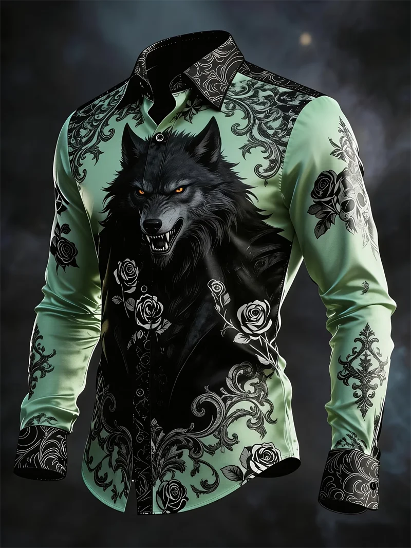 New black satin wolf head rose skull print men's long sleeved